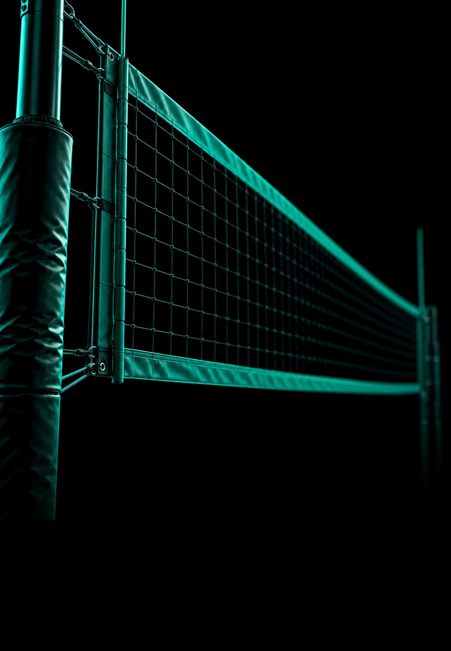 Volleyball net lit with teal light against a black background